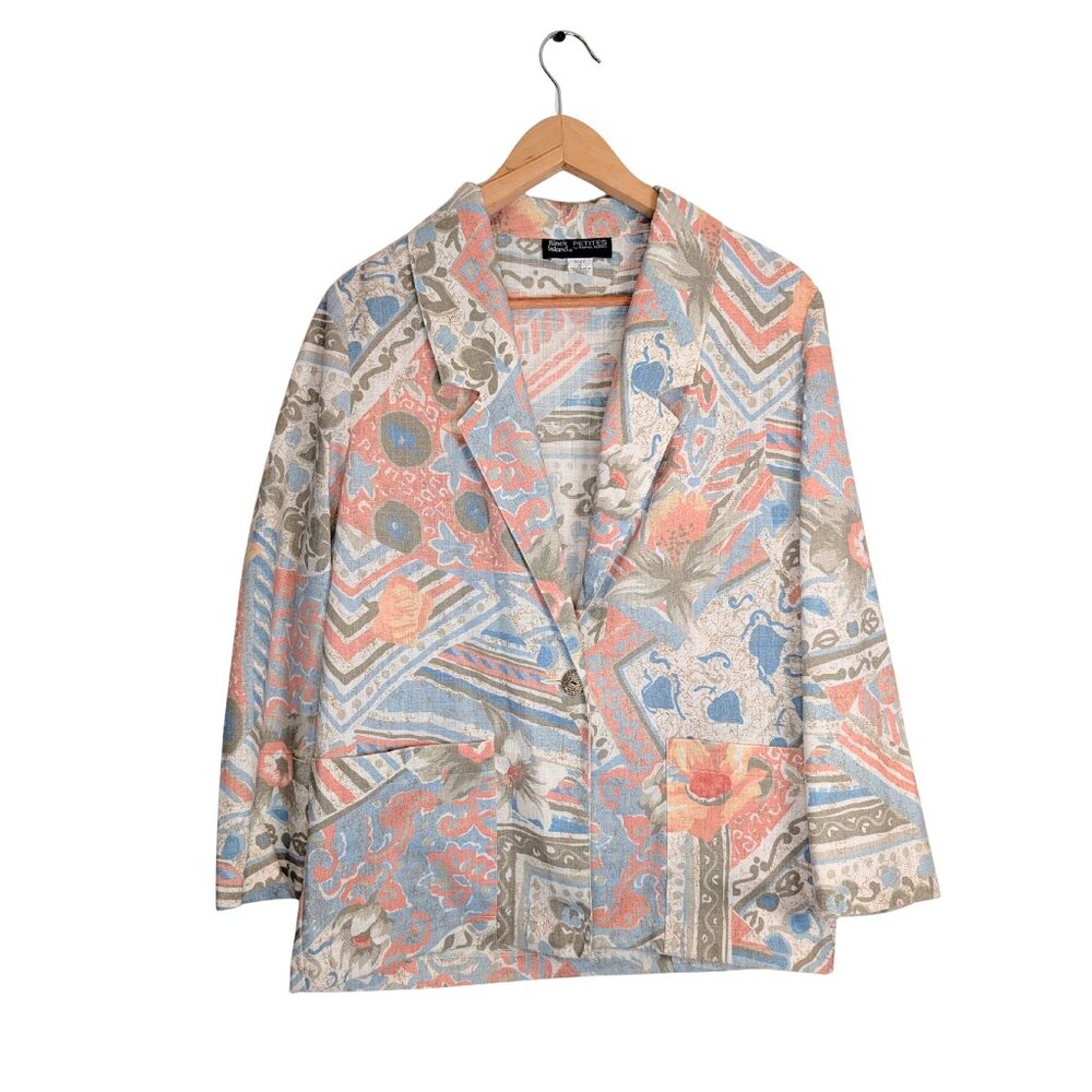 Block Island Petites Womens 8P Vintage 90s Blazer Jacket Padded Shoulder Linen B